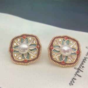 Gold and Red Pearl Stud Earrings